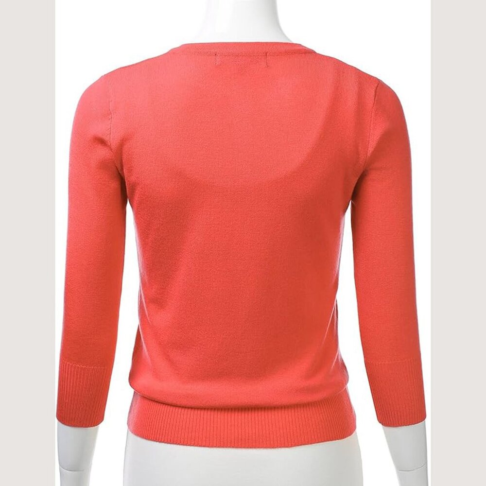 MAK Cardigan Sz L Peach Orange 3/4 Sleeve Button Up VNeck Sweater - Picture 5 of 7